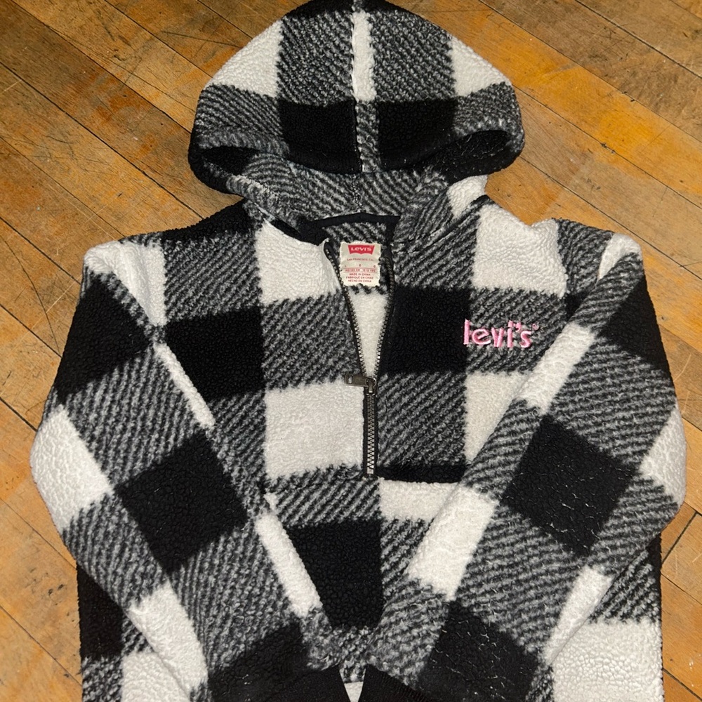 Levi's Kids Black & White Buffalo Check Sherpa Hoodie Girls Size L